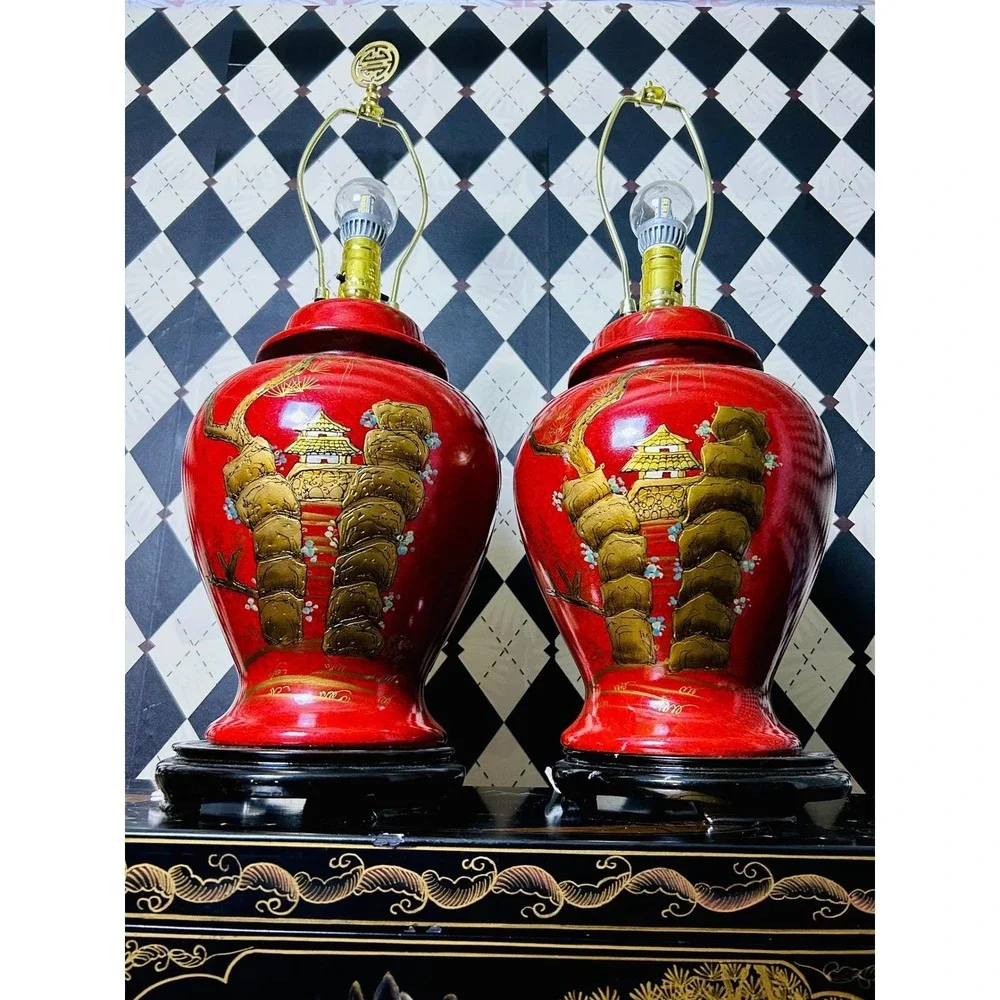 Pair Large Chinese Chinoiserie Red Lacquer Lamps Pagoda Shades Hollywood Regency